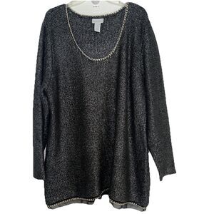 Soft Surrounding Womens 3X Sweater Wool Blend Metallic Knit Pullover Black Chain